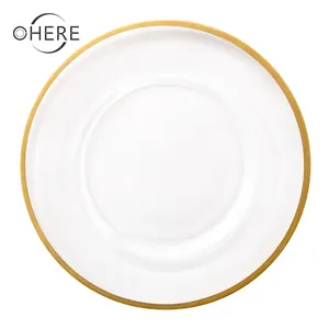 Ohere wholesale Creative glassware with gold edge dessert glass charger plate wedding clear dinner set for western restaurant