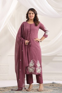 Women Cotton Silk <b>Sequins</b> Embroidered Straight Kurti <b>Pant</b> Dupatta Set | Round-Neck | 3/4 Sleeves | Traditional Ethnic Wear - Product Image 2