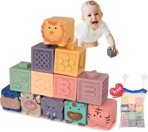 Blok Bangunan Lembut untuk Bayi, Permainan Remas dengan Angka, Bentuk Hewan, Susun Silikon, Mainan Montessori