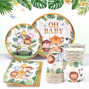 Nouveau dessin animé <span class=keywords><strong>Jungle</strong></span> Animal thème anniversaire assiettes en papier et nappe décorations de vaisselle pour enfants pour les fêtes de douche de bébé - Product Image 1