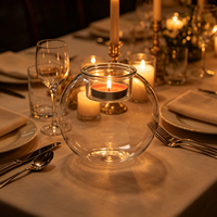 Cloche à bougie sphérique en verre personnalisée, support de bougie chauffe-plat avec base en bois, coupe-vent, présentoir de table décoratif