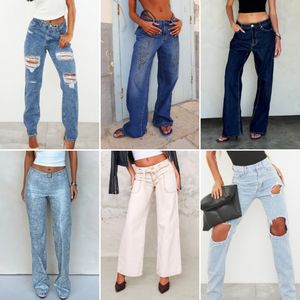 Celana Denim lurus elastis untuk wanita, celana Denim tengah pinggang elastis, celana <span class=keywords><strong>Jeans</strong></span> Vintage pinggang elastis, celana pengiriman acak, grosir - Product Image 5
