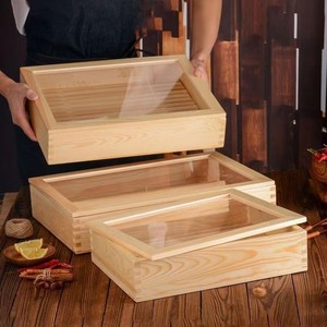 Caja de almacenamiento de madera estilo japonés, rectangular, con tapa transparente, para el hogar, para envasar mariscos y sushi, hecha a medida. - Product Image 1