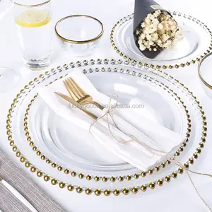 LCK006 Luckygoods wedding event decoration fashion beaded gold glass charger plates for wedding table decoration