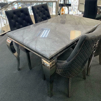 Ensemble de Salle à Manger 6 Places avec Plateau en Faux Marbre, Pieds en Acier Inoxydable et Base Argentée