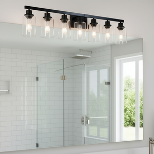 Luminaire de salle de bain moderne en fer, 51 pouces, finition noire mate avec abat-jour en verre transparent pour miroir et coiffeuse - Product Image 2