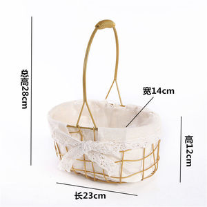 Metal <b>Flower</b> Basket 22Cm Diameter Gold <b>Wire</b> With Lace Liner For Living Room Decoration - Product Image 4