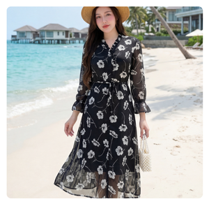 Robe midi en mousseline de soie à fleurs pour femmes, col en V, manches à volants, coupe ample, robe d'été pour les vacances, bonne qualité - Product Image 1