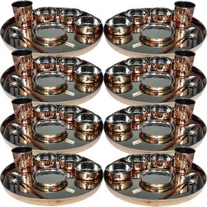 <b>Set</b> of <b>8</b> Stainless Steel and Copper Traditional <b>Dinnerware</b> 13-Inch Thali Plate Bowls Glass Spoon Single Pack - Product Image 4