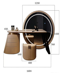 Ensemble coiffeuse compact moderne européen en bois massif avec miroir éclairé et tabouret, gain de place, multifonction, pour chambre à coucher - Product Image 2
