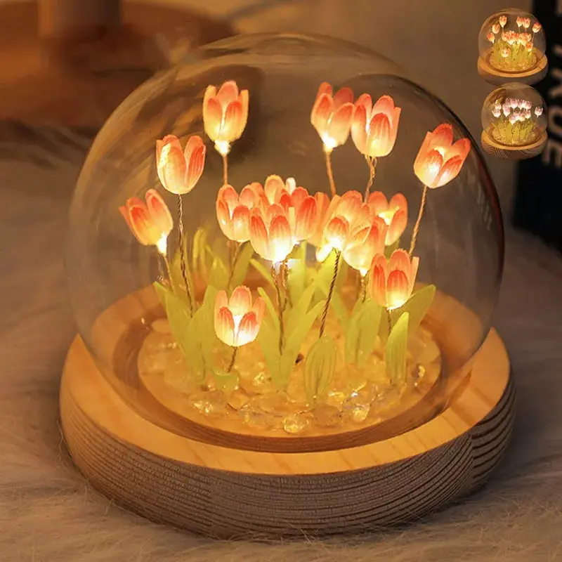 Heimdekoration Bambus-Nachtlicht, Mini-Led-Tulipan-Kristallglas-Ball-Nachtlicht Tulipenblumenlampe