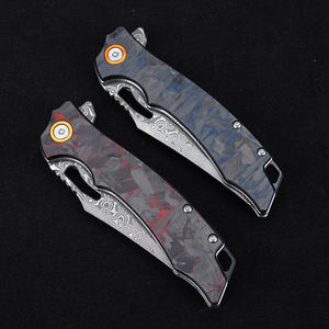 Pisau taktis baja Damaskus pisau lipat luar ruangan gagang serat karbon merah GT-DM026 - Product Image 6