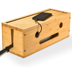 Boîte de rangement pour câbles en bois avec couvercle, de forme rectangulaire, couleur bois naturel, type vertical, pour cordons d'alimentation et chargement de téléphones portables - Product Image 5