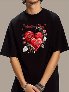 T-Shirt da Uomo per San Valentino con Stampa Cuore di Rose, Collo Tondo, Manica Corta, Design con Rose Rosse sul Davanti, 100% Cotone - Product Image 3