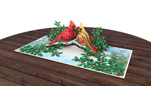 Tarjeta de felicitación 3D emergente con pájaros cardenales rojos de invierno en una rama de acebo, tarjetas navideñas Kirigami al por mayor - Product Image 3