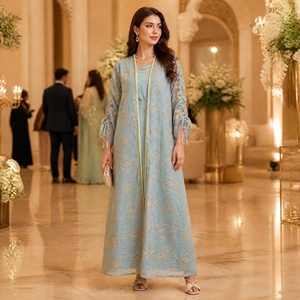 Ensemble Abaya Ouvert Deux Pièces en Polyester avec Broderie Exquise et Manches à Nouer, Tenue Longue pour <span class=keywords><strong>l</strong></span>'Aïd et les Mariages (ODM) - Product Image 2