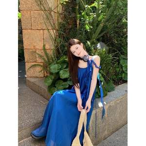 Vestido Largo de Verano para Mujer, Estilo Francés, Cuello Mandarín, Estampado con Personajes, Tejido, Corte en A, Hombros Descubiertos, Poliéster/Algodón, Transpirable, Color Azul - Product Image 4