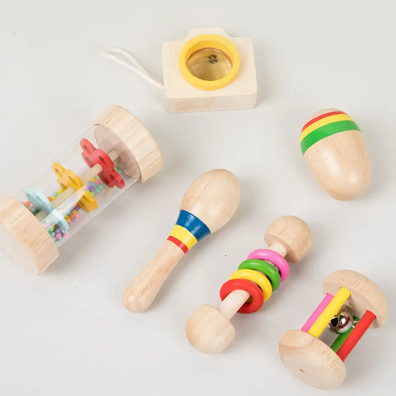 Usine Montessori éducation précoce en bois bébé hochet en bois cloche à main instruments de musique pour enfants ensemble de jouets de dentition