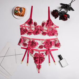 Nouvel ensemble de lingerie amusant en trois pièces, broderie de grandes fleurs et de feuilles, nouvelle année, lingerie amusante, jarretelles - Product Image 5