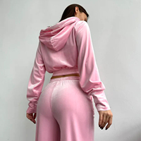 Setelan Olahraga Wanita Velvet Berkualitas Tinggi OEM Custom, Hoodie Pendek Ritsleting dan Celana Panjang Lebar, Tren Streetwear Y2K 2 Potong