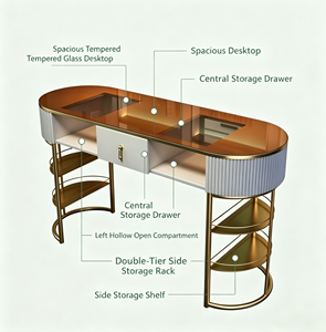 <span class=keywords><strong>Table</strong></span> de manucure ovale 120 cm en verre trempé avec cadre doré, double tiroir de rangement, poste de travail de <span class=keywords><strong>salon</strong></span> avec tabouret et chaise - Product Image 4