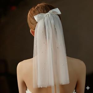 Short Pearl Wedding <strong>Veil</strong> with Bow Knot Two Tier Bachelorette Party White Bridal <strong>Veil</strong> <strong>Bride</strong> <strong>to</strong> <strong>Be</strong> Gift Flower Girl <strong>Veil</strong> - Product Image 3