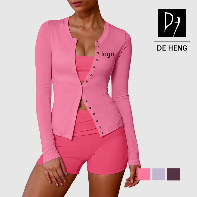 Snap Button Round Neck Trim Fit Lady One Piece Custom Sports Yoga Fitness High Quality Gym Workout Long Sleeve Top for Women