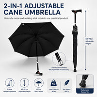 Parapluie Canne 2-en-1 Prêt à l'emploi avec Hauteur Réglable sur 5 Niveaux, Charge de 80 kg, Embout en Caoutchouc Remplaçable, Logo Personnalisé OEM