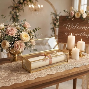 Vintage Glass Display <b>Box</b> with Brass Coating Frame for <b>Wedding</b> <b>Card</b>, Birthday, Festival Invitations, Clear Glass <b>Box</b>,Jewelry <b>Box</b> - Product Image 1