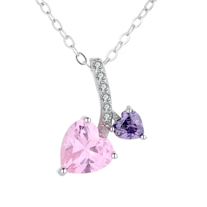 S925 silver double love heart natural pink amethyst zircon with diamond pendant necklace