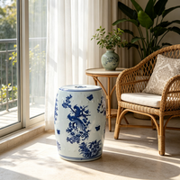 Tabouret Tambour en Céramique Bleu et Blanc Classique, Peint à la Main avec Motifs d'Oiseaux et de Papillons, Siège Tambour, Table d'Appoint, Tabouret pour la Décoration de la Maison