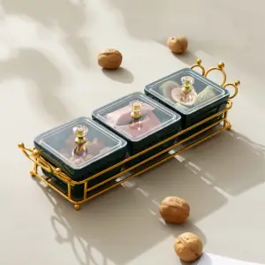 Lebensmittel Lagerung 3Pcs Keramik Schalen Portion Snack Tablett Gericht Platte Dessert Set Mit Neue Metall Griffe Design