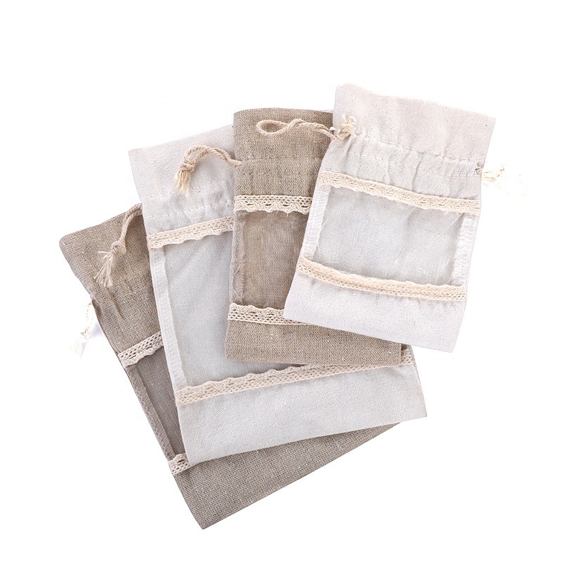Brownish-gray 10 Pack Linen Canvas Drawstring Gift Bags with Lace Trim and Mesh Window 13x18cm Versatile Pouches for Wedding Favours and Home Storage in the destination market