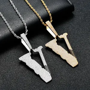 New Iced Out Gold Bling Diamond Zirconia Copper Hiphop Letters V Pendant Necklace Chain Men Women Hip Hop Necklace Jewelry