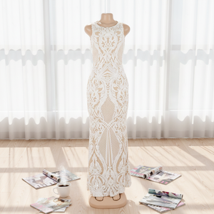 ผ้าลูกไม้จากโรงงานพร้อมลายปักเลื่อมใบไม้ ดีไซน์หรูหราสำหรับชุดราตรียาว ลดราคาพิเศษ - Product Image 1