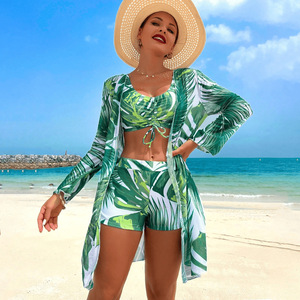 STOCK 3Colors Print Bandeau Top <strong>Boyleg</strong> Short <strong>Swimsuit</strong> and Kimono Set Trend <strong>Women</strong> 3Pieces Swimwear Long Sleeve Cover up S-XXL - Product Image 1