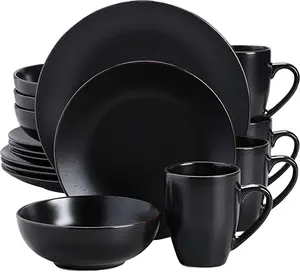 Soho seramik kare yemek takımı siyah 16 parça mutfak yemek servisi tabak çanak çömlek seti 16 adet
