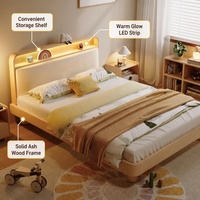 Massives Eichenholz Europäisches Design Kinderbett mit LED-Kopfteil und Ablage Umweltfreundliches Einzelbett für Kinder Modernes Schlafzimmer