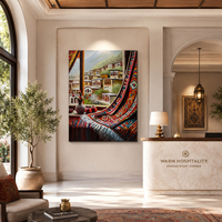 Peinture à l'huile sur toile, peinte à la main, technique impasto, motif village en pente, avec vue sur la grenade, tapis rouge, vase et bouquet de fleurs