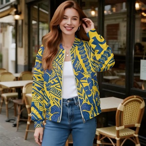 Giacca Bomber da <span class=keywords><strong>Donna</strong></span> Stile Tribale Polinesiano <span class=keywords><strong>Giallo</strong></span> e Blu, Casual con Zip Intera, Giacca Varsity con Tasche, Capospalla - Product Image 2