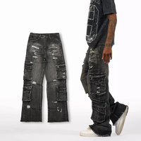 Utility-Pockets Distressed Parachute Denim Hose Loose Fit Jeans in Washed Black Cargo Baggy Fit für Herren