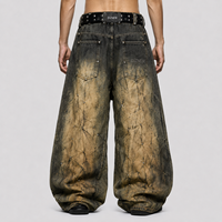 DiZNEW Jean baggy pour homme en jacquard premium clouté, délavé jaune vieilli, à plusieurs boutons, coupe large, style urbain