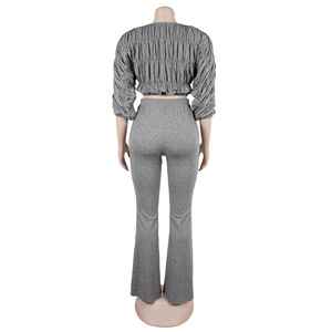 Seductive Solid-<b>Colour</b> Crop Top and Slim-Fit Flared Trousers Women's Two Piece <b>Set</b> Fashion - Product Image 6