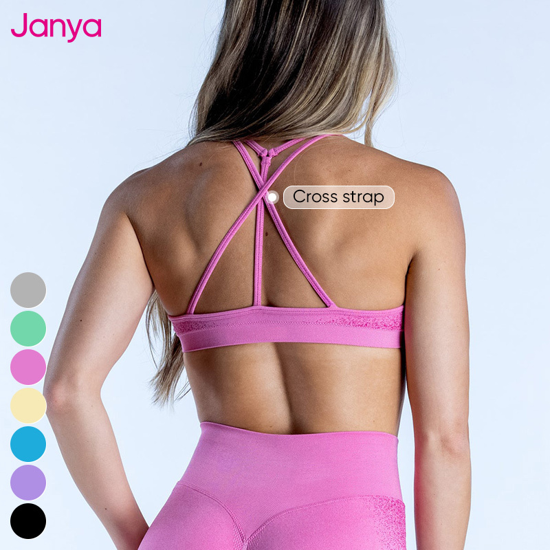 Janya Women's Sexy Breathable Sports Bras Removable Pads Backless Workout Underwear Cross Straps Seamless Yoga Fitness Gym Bra