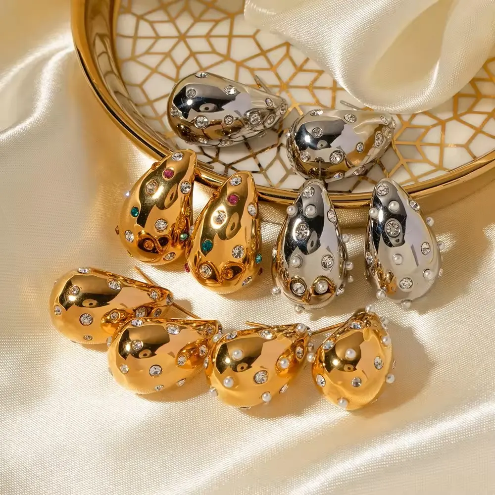 Fine Fashion Jewelry 18K Gold Stainless Steel Hollow Drop Earrings Inlaid Drill Zircon Water Drop Shaped Stud Earrings For Women