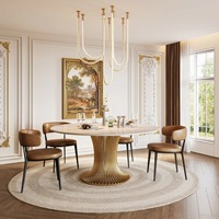 Table à manger ronde moderne de luxe en marbre fait main avec plateau en laiton doré et acier inoxydable, ensemble de meubles de salle à manger pour 6 personnes
