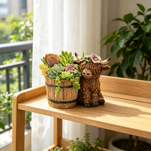 ของตกแต่งสวนบ้านเรซิ่นรูปวัวตั้งพื้นสูงพร้อมกระถางดอกไม้ งานฝีมือเรซิ่นพร้อมถัง - Product Image 1