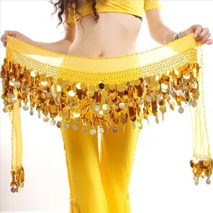 Phụ nữ mới trang phục múa bụng hip khăn quấn Sequins vành đai đồng xu Voan Váy 7 màu múa bụng hip khăn