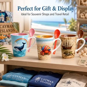 Tazas de Cerámica Personalizadas con Diseño Oceánico y Cuchara, Recuerdo Turístico de las Islas Caimán, para Mayoristas de Regalos - Product Image 1
