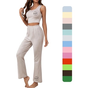 Conjunto de Camiseta corta personalizada para mujer, de alta elasticidad Spandex, cuello en U, Jersey de Color sólido, chaleco, pantalón, traje, pantalones informales de cintura corta - Product Image 1